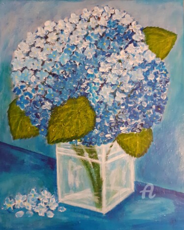 Painting titled "Hortensias azules" by Marisa Gómez, Original Artwork, Acrylic Mounted on Wood Panel