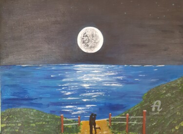 Painting titled "Amor bajo la luna" by Marisa Gómez, Original Artwork, Acrylic Mounted on Wood Stretcher frame