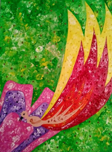Peinture intitulée "Pájaro y flor" par Marisol Pita, Œuvre d'art originale, Acrylique Monté sur Panneau de bois