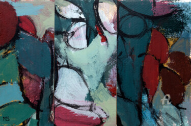 Colagens intitulada "Azules y Rojos 1" por Marisu Solís, Obras de arte originais
