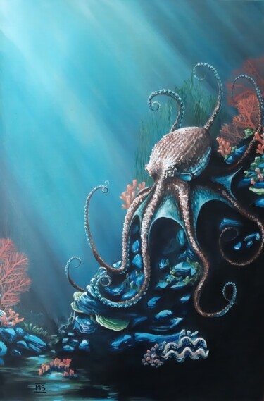 Malarstwo zatytułowany „Der Oktopus” autorstwa Marit Symalla, Oryginalna praca, Akryl Zamontowany na Drewniana rama noszy