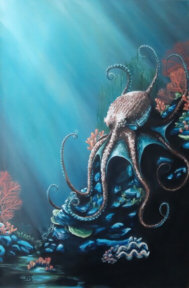 Painting titled "Der Oktopus" by Marit Symalla, Original Artwork, Acrylic Mounted on Wood Stretcher frame