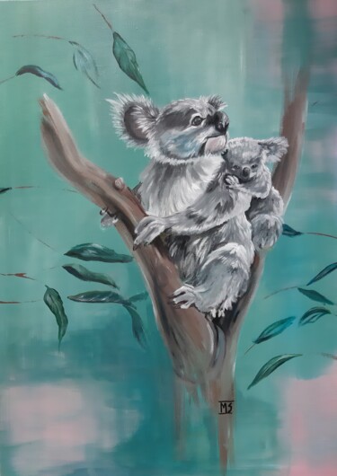 Ζωγραφική με τίτλο "Koalas" από Marit Symalla, Αυθεντικά έργα τέχνης, Ακρυλικό Τοποθετήθηκε στο Ξύλινο φορείο σκελετό
