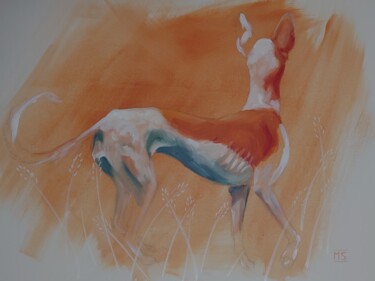 Painting titled "Podenco im Feld" by Marit Symalla, Original Artwork, Acrylic Mounted on Wood Stretcher frame