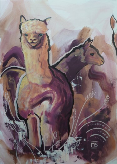 Pintura titulada "Alpaka Farm" por Marit Symalla, Obra de arte original, Acrílico Montado en Bastidor de camilla de madera