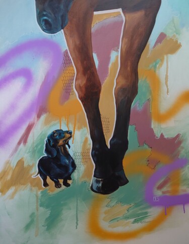 Malerei mit dem Titel "Pferd mit Dackel" von Marit Symalla, Original-Kunstwerk, Acryl