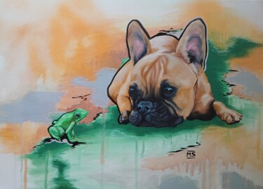 Painting titled "Frosch und Frenchie" by Marit Symalla, Original Artwork, Acrylic