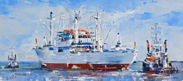 Painting titled "Museum Cargo Ship C…" by Volodymyr Glukhomanyuk, Original Artwork, Oil Mounted on Wood Stretcher frame
