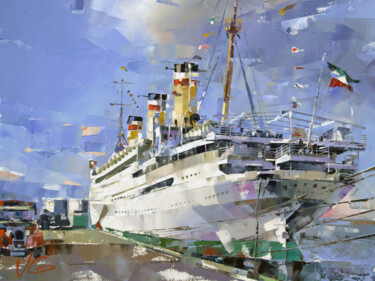 Painting titled "Steam Ship SS RELIA…" by Volodymyr Glukhomanyuk, Original Artwork, Oil Mounted on Wood Stretcher frame