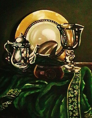 Schilderij getiteld "Silver Kattle & Gla…" door Marium Khan, Origineel Kunstwerk, Olie