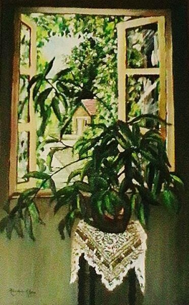 Painting titled "View of garden" by Marium Khan, Original Artwork, Oil