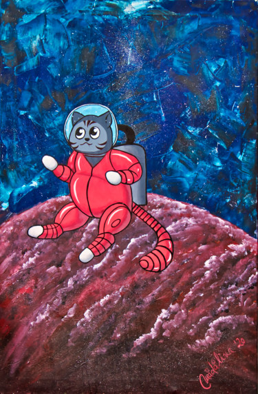 Painting titled "The cat on Mars" by Marian Bogatu, Original Artwork, Acrylic