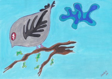 Painting titled "Bird on a branch" by Marian Bogatu, Original Artwork, Tempera