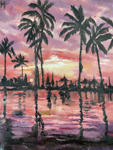 Painting titled "Sunset on Bali" by Mariya Bogdanova, Original Artwork, Oil Mounted on Cardboard