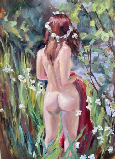 Painting titled "Naked beside the ri…" by Mariya Bogdanova, Original Artwork, Oil Mounted on Wood Stretcher frame
