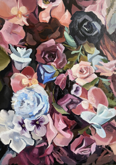 Картина под названием "Meditative flowers" - Mariya Bogdanova, Подлинное произведение искусства, Масло Установлен на Деревян…