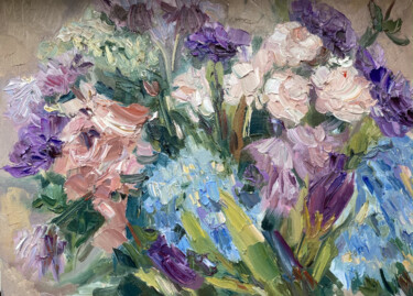 Painting titled "Floral with blue an…" by Mariya Bogdanova, Original Artwork, Oil Mounted on Cardboard