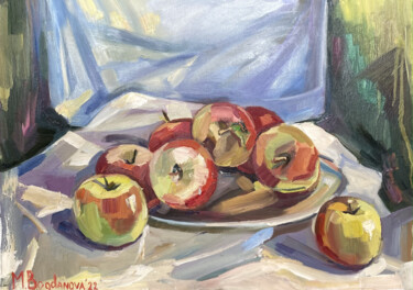 Painting titled "Apples from village" by Mariya Bogdanova, Original Artwork, Oil Mounted on Wood Stretcher frame