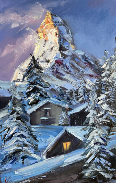 Painting titled "Winter house in the…" by Mariya Bogdanova, Original Artwork, Oil Mounted on Wood Stretcher frame