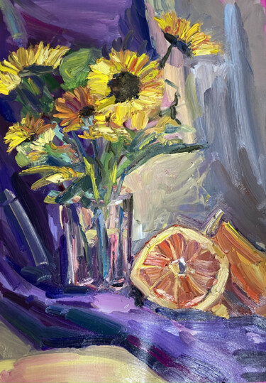 Pittura intitolato "Sunflowers and grap…" da Mariya Bogdanova, Opera d'arte originale, Olio