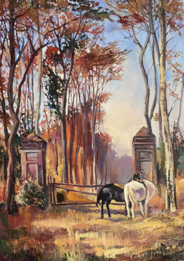 Painting titled "Autumn in the park" by Mariya Bogdanova, Original Artwork, Oil Mounted on Wood Stretcher frame