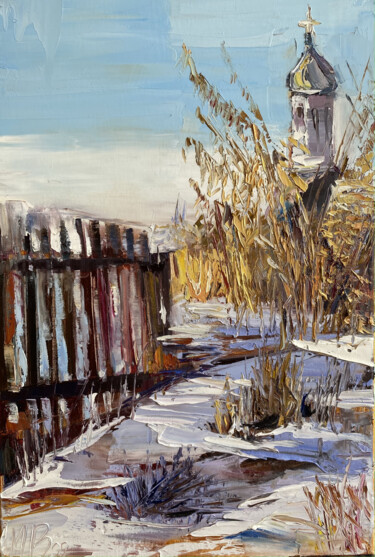 Malarstwo zatytułowany „Landscape with chur…” autorstwa Mariya Bogdanova, Oryginalna praca, Olej Zamontowany na Drewniana ra…