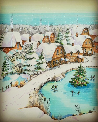 Pintura titulada "Зима в деревне" por Mariya Gromova, Obra de arte original, Rotulador