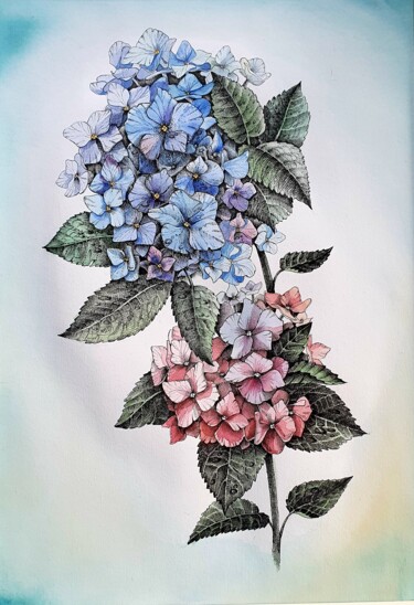 Painting titled "Beautiful ghortensia" by Mariya Gromova, Original Artwork, Watercolor