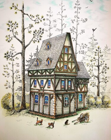Painting titled "Little house in the…" by Mariya Gromova, Original Artwork, Marker