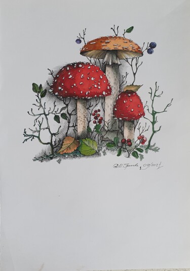 Pintura intitulada "Autumn mushrooms-2" por Mariya Gromova, Obras de arte originais, Marcador