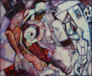 Картина под названием "Purple musician" - Mariya Naydis, Подлинное произведение искусства, Масло Установлен на Деревянная ра…