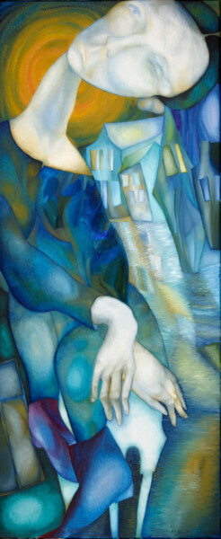 Картина под названием "blue city" - Mariya Naydis, Подлинное произведение искусства, Масло Установлен на Деревянная рама для…