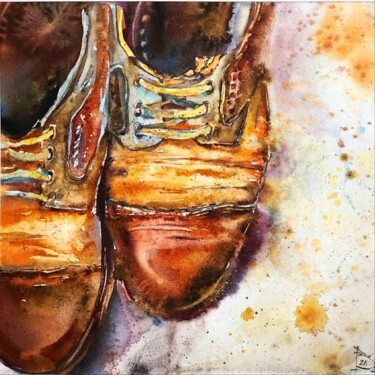 Painting titled "Van Gogh Boots" by Mariya Volynskih, Original Artwork, Watercolor