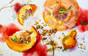 Peinture intitulée "Red pumpkins" par Mariya Volynskih, Œuvre d'art originale, Aquarelle