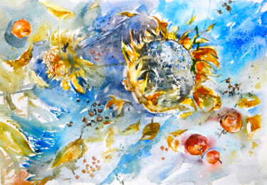 Картина под названием "Yellow sunflower" - Mariya Volynskih, Подлинное произведение искусства, Акварель