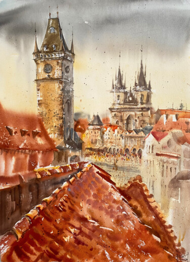 Pittura intitolato "Prague Tower" da Mariya Volynskih, Opera d'arte originale, Acquarello