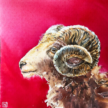 Malerei mit dem Titel "Sheep on red" von Mariya Volynskih, Original-Kunstwerk, Aquarell