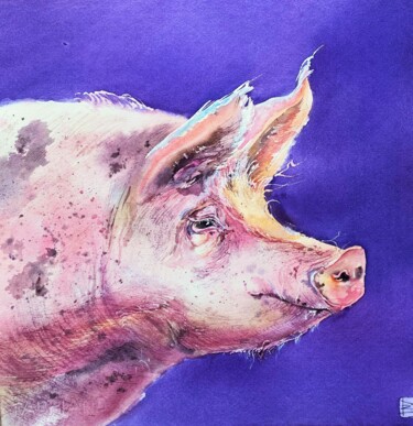 Картина под названием "Pig on purple" - Mariya Volynskih, Подлинное произведение искусства, Акварель