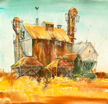 Картина под названием "Derelict farm" - Mariya Volynskih, Подлинное произведение искусства, Акварель