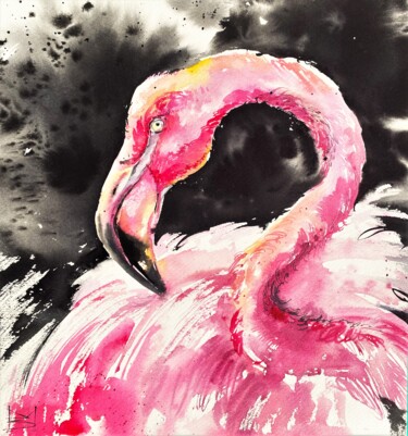 Ζωγραφική με τίτλο "Pink flamingo" από Mariya Volynskih, Αυθεντικά έργα τέχνης, Ακουαρέλα