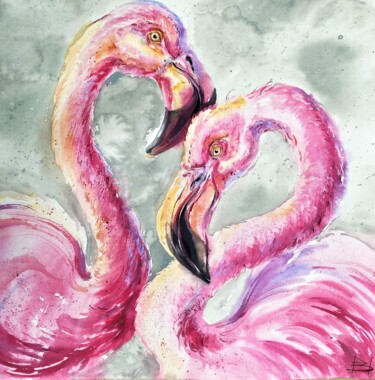 Malerei mit dem Titel "Flamingo couple" von Mariya Volynskih, Original-Kunstwerk, Aquarell