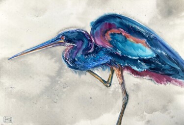 Peinture intitulée "Blue heron" par Mariya Volynskih, Œuvre d'art originale, Aquarelle