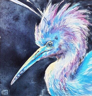 Painting titled "Violet heron" by Mariya Volynskih, Original Artwork, Watercolor