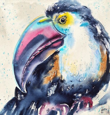 Картина под названием "Blue toucan" - Mariya Volynskih, Подлинное произведение искусства, Акварель
