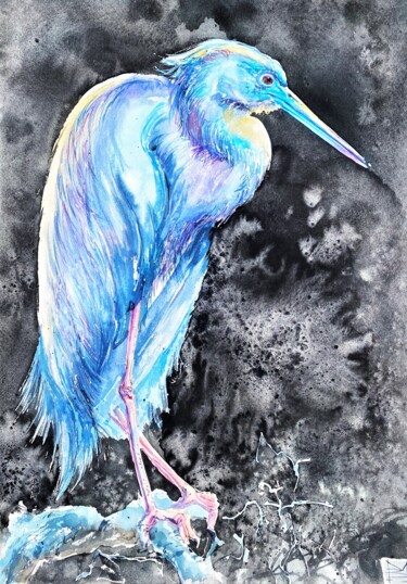 Schilderij getiteld "Blue heron on black" door Mariya Volynskih, Origineel Kunstwerk, Aquarel
