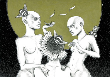 Desenho intitulada "Girls and sunflower" por Mariya Markina, Obras de arte originais, Caneta de gel