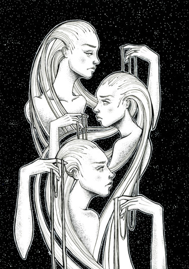 Рисунок под названием "Three muses of insp…" - Mariya Markina, Подлинное произведение искусства, Гелевая ручка