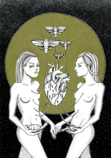 Dessin intitulée "Two souls. Communic…" par Mariya Markina, Œuvre d'art originale, Stylo gel