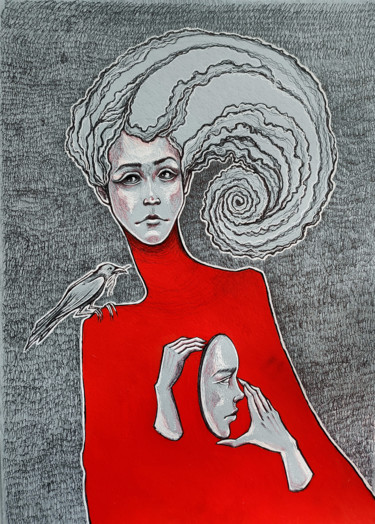 Disegno intitolato "The girl, the bird…" da Mariya Markina, Opera d'arte originale, Biro