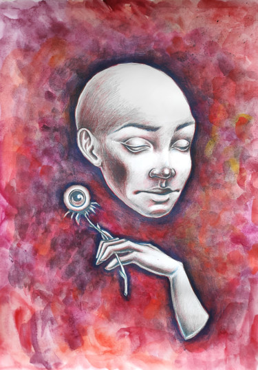 Рисунок под названием "Portrait with a flo…" - Mariya Markina, Подлинное произведение искусства, Цветные карандаши